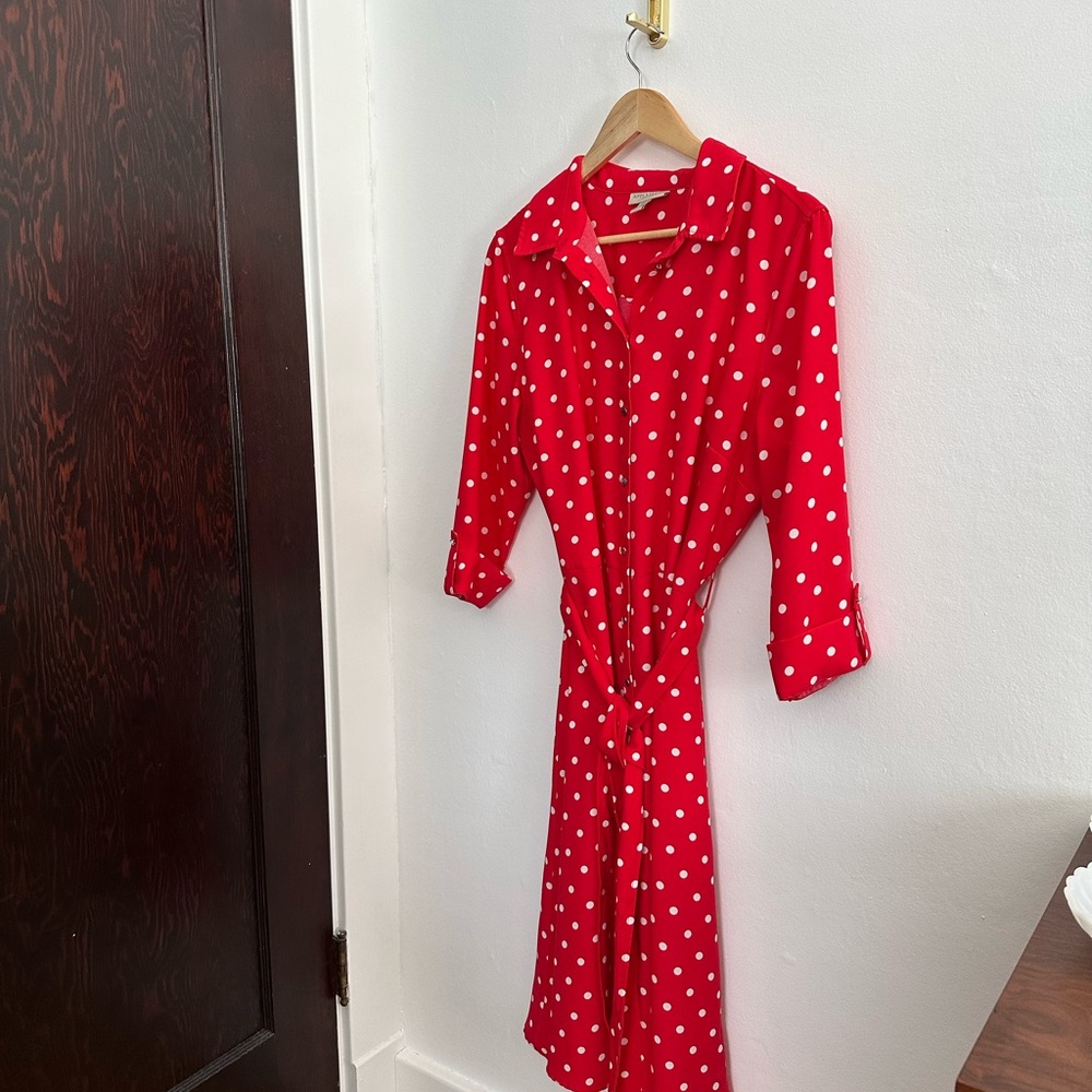Appleseed's Red and White Polka Dot Long Sleeve Dress Tie Waist